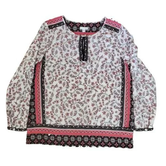 J.Jill Women's Border Floral Print Long Sleeve Peasant Top Black/Pink Sz Medium - Picture 5 of 13